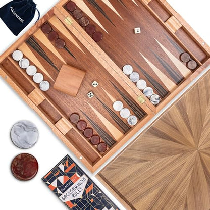 Pointworks 17 Inch Backgammon Sets for Adults. Beautiful Wood Inlaid Backgammon Board Game Set with Unique Checkers & Dice. Large Back Gammon Game Sets Travel Size for 2 Players Nardi or Tavla - style: Backgammon