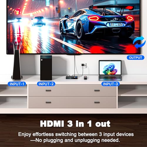 HDMI Switch 3 in 1 Out, 4K@60Hz Switcher Splitter, Auto-Switching HDMI 2.0 Switcher with Remote, HDCP 2.2/HDR/3D, Works with PS5/PS4/Switch/Xbox/PC - size: 1x3 HDMI Switch 4k