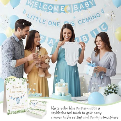 Blue Clothes Guess How Many Baby Shower Game Pack of 1 Tabletop Sign with Stand and 50 How Many Cards, Eucalyptus Gender Reveal Party Game Decorations - style: Eucalyptus