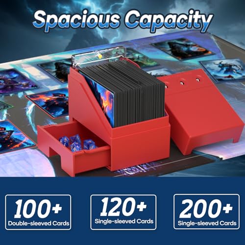 Proijeut Mtg Deck Box with Life Counter, Commander Deck Box Fits 100 Double-Sleeved Cards, Magic Card Storage Box with Commander Display & Dice Tray, Fit for MTG, TCG, CCG (Red) - color: Red