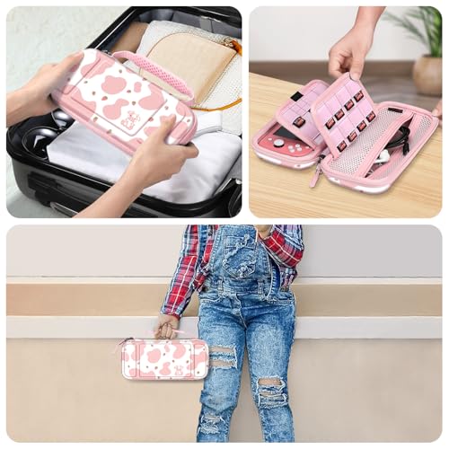 FINTIE Carrying Case for Nintendo Switch Lite 2019, [Shockproof] Hard Shell Protective Cover Travel Bag with Game Card & Micro SD Card Slots for Switch Lite Console & Accessories, strawberry cow - color: strawberry cow