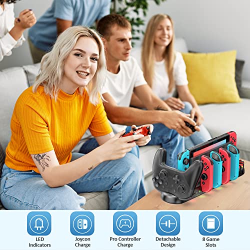 Switch Controller Charger for 6 Joy-Cons & Pro Controller, Switch Charger Dock with 2 Extended USB Ports, Switch Charging Stand Station with Detachable 8 Game Slots for Switch & OLED Model