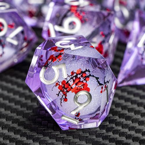 ARUOHHA DND Resin Dice Plum Blossom Liquid Core Silver Purple Sharp Edged Polyhedral Dragons Dice Set with Gift Box, Dungeons D and D Dice Compatible with D&D Role Playing Game D20 D12 D8 D6 D4 - color: Flower&purple White-1