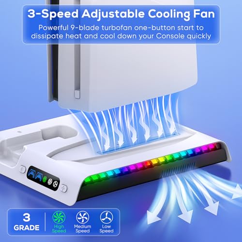 FASTSNAIL Cooling Station with Controller Charger for PS5/Slim/Pro Console | Vertical Cooling Stand, Fast Charger 2 Controllers, 3 Efficient Fans, 9 RGB Light Modes, Headset Hook for PS5 Accessories Kit