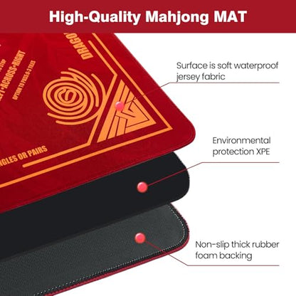 Mahjong Mat (33"x33")- American Mah Jongg Gaming Table Mat with Rules (Red) | Noise Reduction Non-Slip Mahjong Mat for Table with 3 Dice & Carrying Bag, for Mahjong Set/Poker/Card/Dominoes/Board Games - color: Red