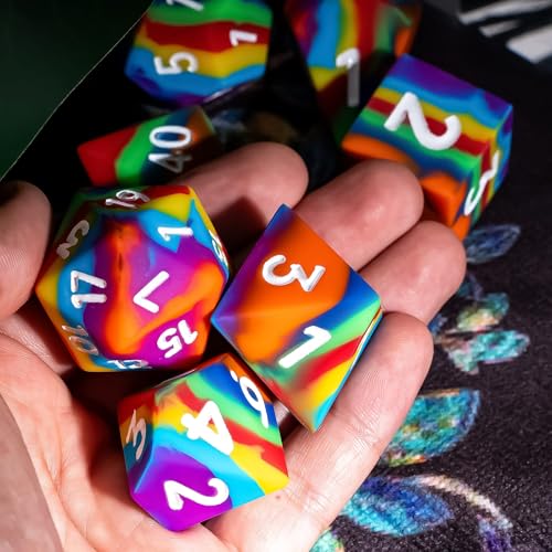 7-Piece Jumbo Silicone DND Dice Set, 25mm Oversized D&D Dice | Round Edges Soft Perfect Bouncer Compatible with Dungeons and Dragons RPG Bar Pub Club Party Games - color: Rainbow W/White Numbers