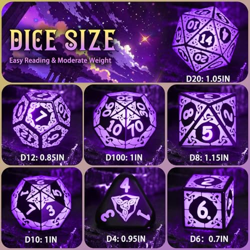 LED DND Dice Set, Light up Dice Rechargeable for RPG DM Gifts, Purple | ZHOORQI D and D Polyhedral Dice with Charging Box, Glow in The Dark Dice Easy Reading for Dungeons and Dragons TTRPG - color: Purple-shackles