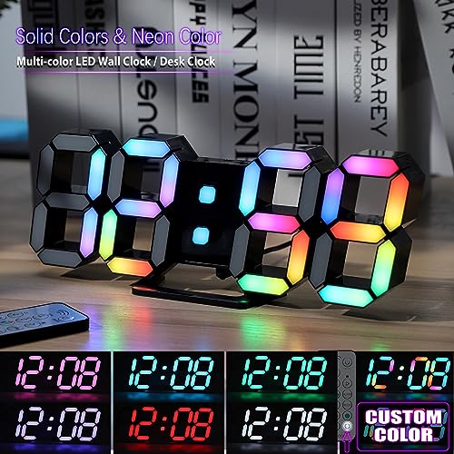 KOSUMOSU LED Digital Clock Neon Clock 9.7" Black Gaming Clock RGB LED Wall Clock for Living Room Desk Clock Large Display Clock for Bedroom, Black Clock with Dimming - color: 9.7in Black Clock-neon Light