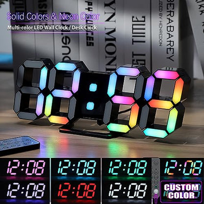 KOSUMOSU LED Digital Clock Neon Clock 9.7" Black Gaming Clock RGB LED Wall Clock for Living Room Desk Clock Large Display Clock for Bedroom, Black Clock with Dimming - color: 9.7in Black Clock-neon Light