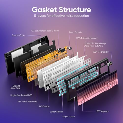 RedThunder K95 Wireless Mechanical Keyboard,TFT Screen & Knob, Trip-Modes Connection, Gasket Custom Hot-Swap Keyboard, RGB Backlit, Pre-lubed Linear Switches, Side Printed PBT Keycaps, Gradient Pink - color: Gradient Pink Black