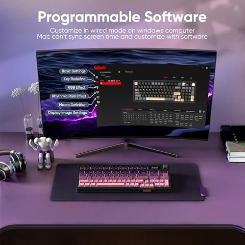 RedThunder K95 Wireless Mechanical Keyboard,TFT Screen & Knob, Trip-Modes Connection, Gasket Custom Hot-Swap Keyboard, RGB Backlit, Pre-lubed Linear Switches, Side Printed PBT Keycaps, Gradient Pink - color: Gradient Pink Black