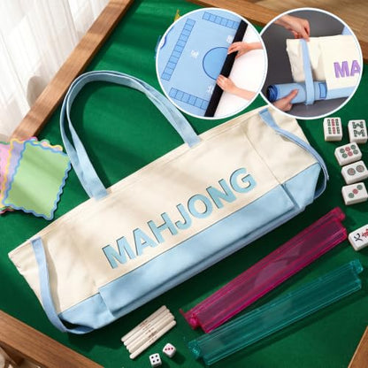 Abbylike 28x9 Inches Mahjong Bag for Rolled Mat Tiles Racks Pushers Accessories Empty Mahjong Tote Bag with Zipper Closure Outer Pockets Lining Large Capacity(Light Blue,Canvas) - color: Light Blue