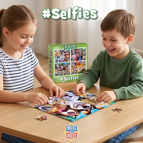 MasterPieces – Jigsaw Puzzle Set for Kids 6+ Years, 4-Pack of 100 Pieces, Educational and Fun Game, Silly Animals Collection, Gift Idea for Children, 8" x 10" - style: Selfies
