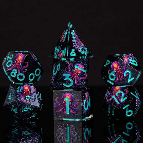 Cthulhu DND Double Layered Resin Dice Set, 7Pcs Sharp Edge D&D Dice for Dungeons and Dragons RPG MTG D and D Role Playing Playing Tabletop Games D20 D12 D10 D8 D6 D4 Starry Black - color: Cthulhu Blue