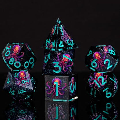 Cthulhu DND Double Layered Resin Dice Set, 7Pcs Sharp Edge D&D Dice for Dungeons and Dragons RPG MTG D and D Role Playing Playing Tabletop Games D20 D12 D10 D8 D6 D4 Starry Black - color: Cthulhu Blue