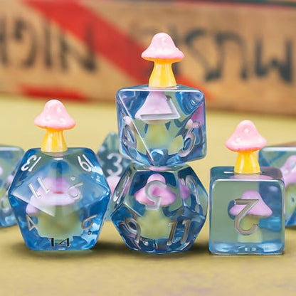 Mushrooms DND Dice Set, Resin Animal Polyhedral Dice for Dungeons and Dragons, RPG, MTG D&D 7-DIE (D4, D6, D8, D10, D12, D20, D%) - color: Pink Mushrooms