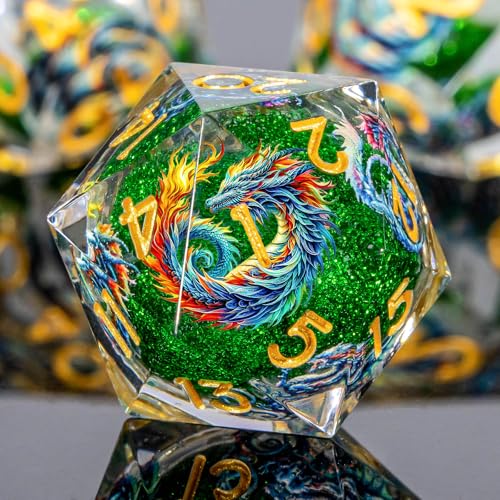 Roycevon Dragon Pattern Liquid Core DND Dice Set, 7Pcs Sharp Edge D&D Dice with Gift Box, Green Resin Dungeons Dragons D and D Role Playing Dice D20 D12 D10 D8 D6 D4 - color: Green Gold