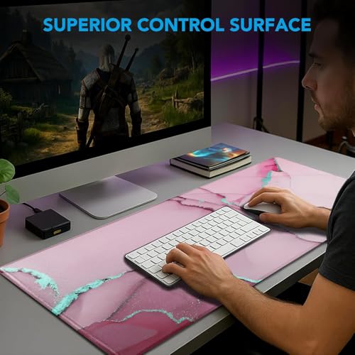 Large Mouse Pad, Gaming Pad with Non-Slip Rubber Base, Waterproof Mousepad with Stitched Edges, XXL Computer Long Keyboard Mouse Mat for Gamer, Office & Home, 31.5" x 15.7", Marble Pink - color: Marble Pink, size: 31.5L x 15.7W inches