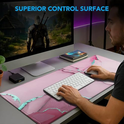 Large Mouse Pad, Gaming Pad with Non-Slip Rubber Base, Waterproof Mousepad with Stitched Edges, XXL Computer Long Keyboard Mouse Mat for Gamer, Office & Home, 31.5" x 15.7", Marble Pink - color: Marble Pink, size: 31.5L x 15.7W inches