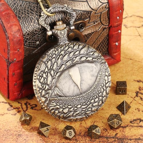 Mini DND Dice Set with Retro Dragon's eyes Pocket Watch Shell Case, DND Starter Set, 7pcs Polyhedral Mini Metal Dice Set, D&D Gifts with Gift Bag, Role Playing Board Game Accessories, Bronze - color: Bronze