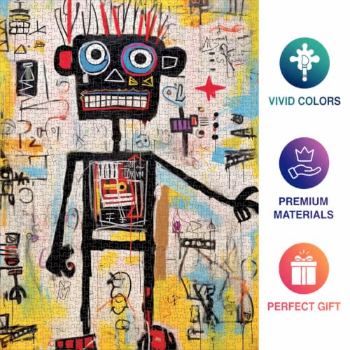 Cross & Glory | 1000 Piece Jigsaw Puzzles for Adults | Neon Robot Rhapsody | Abstract Neo-Expressionism Art | Luminous Yellow Highlights | 2mm Thick Pieces | Satin Finish | Ages 14+ - color: Neon Robot Rhapsody