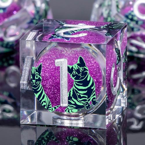 KERWELLSI Cat Liquid Core DND Dice Set with Gift Box, 7Pcs Resin Dungeons Sharp Edge D&D Dice, Dragons D and D Role Playing Dice D20 D12 D10 D8 D6 D4, Purple and Light Green Cat - color: Purple and Light Green Cat