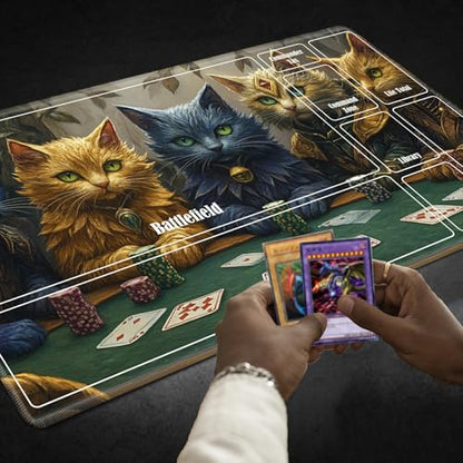 MTG Playmat with Zones, TCG Card Game Play Mat with Stitched Edges, Non-Slip Rubber Base Gaming Desk Mat, Smooth Surface 24 x 14 Inch, Cats Play Poker - color: Cats Play Poker, size: Zone 1