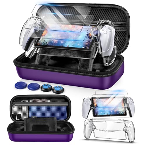 Auarte 12 in 1 Accessories Set for Playstation Portal Remote Player | Hard Carrying Case for PS Portal with Clear Skin Case for PS5 Portal, 2 Screen Protector with 4 Thumb Grip - color: Purple