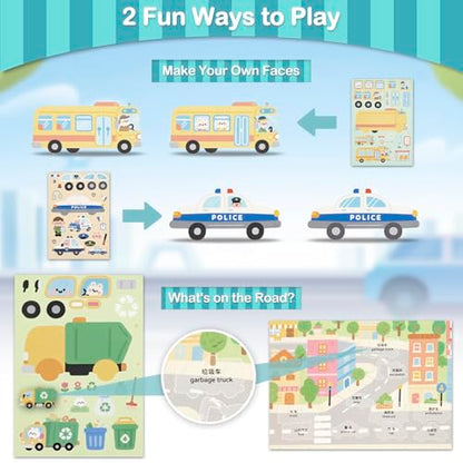 Vehicle Stickers for Toddlers and Kids, 10 Transportation Stickers and a Scene Card, Make Your Own Police Car, Ambulance, Fire Truck Decals, Goodie Bag Stuffers, Boy Toys, Construction Party Favors - style: Car