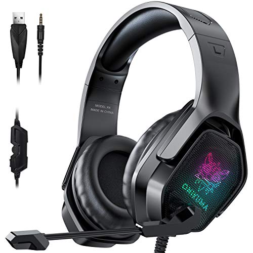 Gaming Headset with Microphone, Noise Canceling Headphones with 3D Surround Sound Stereo, Soft Earmuff & RGB LED Light, Over-Ear Game Headphones for PC, PS4, Xbox One, PS5, Mac, Laptop-Black