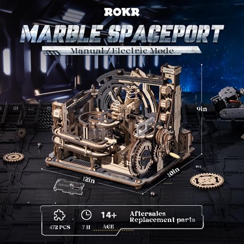 ROKR 3D Puzzles for Adults, Electric Model Kits Marble Spaceport LGC01, 472pcs Marble Run Brain Teaser Wooden Puzzles Building Toy, Desk Decor Creative Birthday Gifts for Men/Women 14+