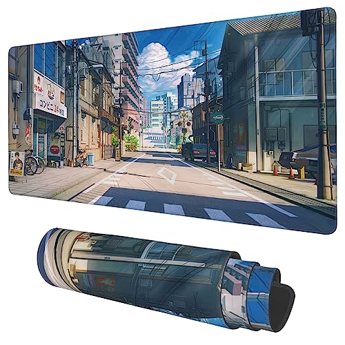 Desk Mat, Anime Summer Street Scenery Extended Gaming Mouse Pad Large, 35.4"x15.7" Big Mouse Pad with Non-Slip Base and Stitched Edge, Long Computer Keyboard Mouse Mat for Home Office Work - color: Anime Summer Street Scenery, size: 15.7" x 35.4"