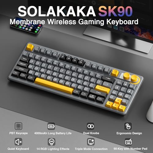 SOLAKAKA SK90 75% Wireless Gaming Keyboard - 4000mAh Tri-Mode (BT5.0/2.4G/USB-C) Cute Creamy Gaming Keyboard with Number Pad, Media Knob, RGB Backlit, Quiet Keys Silent Office Keyboards for PC MAC - color: Gray Black, size: SK90 - Wireless
