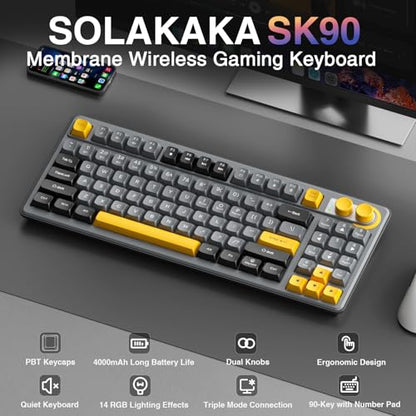 SOLAKAKA SK90 75% Wireless Gaming Keyboard - 4000mAh Tri-Mode (BT5.0/2.4G/USB-C) Cute Creamy Gaming Keyboard with Number Pad, Media Knob, RGB Backlit, Quiet Keys Silent Office Keyboards for PC MAC - color: Gray Black, size: SK90 - Wireless
