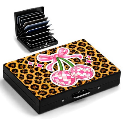 Cherry Metal Wallet Credit Card Protector Case Equipped RFID Blocking | with Pop-Up Button Slim Business Cards Holder Aluminum Cards Case Exclusive Cherry Leopard Gifts for Women Men - color: Cherry Leopard Print