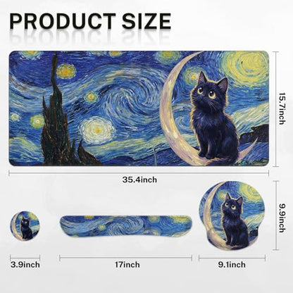Arttown Keyboard Mouse Pad Set, 4 in 1 Desk Mat Set Cat Moon | Star Blue Large Mousepad+Keyboard Wrist Rest+Mouse Wrist Rest+Coaster Ergonomic Design for Home Office Computer - color: Cat Moon