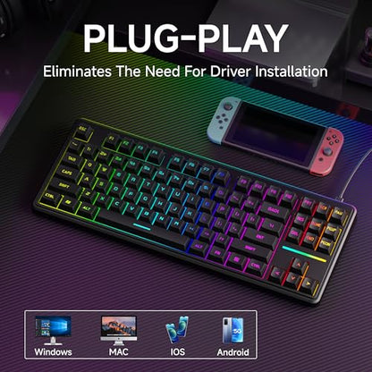 EWEADN V80 Wired TKL RGB Gaming Keyboard, 80% Compact Layout with PBT Keycaps, Whisper Quiet Membrane Switch, 26-Key Anti-Ghosting, Ergonomic Computer Keyboard for Laptop PC Gamer - Black - color: Black
