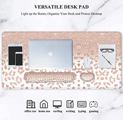 Large Mouse Pad with Wrist Rest, 4-in-1 Wrist Rest for Keyboard and Mouse | Non-Slip Waterproof Desk Mat Set, 35.4"x15.7" Desk Mat+Keyboard Wrist Rest+Mouse Wrist Support+Cup Coaster for Home Office - color: 4Pcs-Rose Gold Leopard