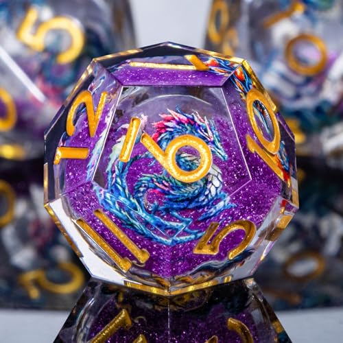 Roycevon Dragon Pattern Liquid Core DND Dice Set, 7Pcs Sharp Edge Dice with Gift Box, Purple Resin Dungeons Dragons D and D Role Playing Dice D20 D12 D10 D8 D6 D4 - color: Purplr Gold