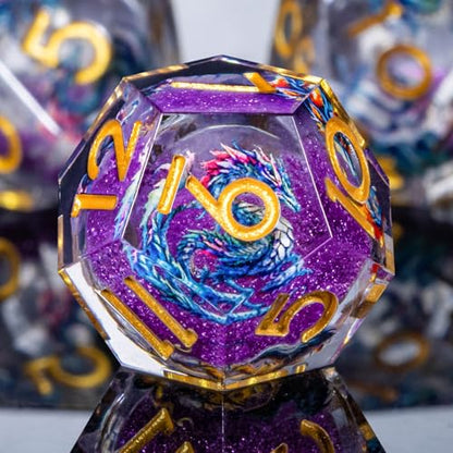 Roycevon Dragon Pattern Liquid Core DND Dice Set, 7Pcs Sharp Edge Dice with Gift Box, Purple Resin Dungeons Dragons D and D Role Playing Dice D20 D12 D10 D8 D6 D4 - color: Purplr Gold