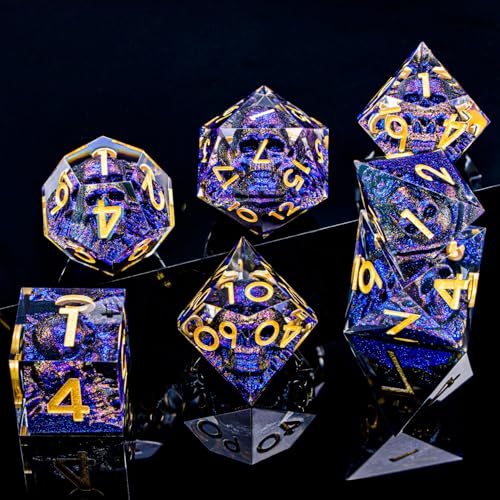 DND Skull Dice Set 7PCS Necromancer Polyhedral Dice for Dungeons Dragons RPG Role Playing Game, Resin Sharp Edged D and D Dice with Gift Box D6 D8 D10 D12 D20 (Blue-Violet) - color: Blue Purple&gold