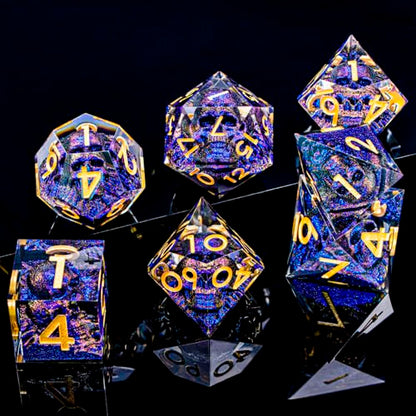 DND Skull Dice Set 7PCS Necromancer Polyhedral Dice for Dungeons Dragons RPG Role Playing Game, Resin Sharp Edged D and D Dice with Gift Box D6 D8 D10 D12 D20 (Blue-Violet) - color: Blue Purple&gold