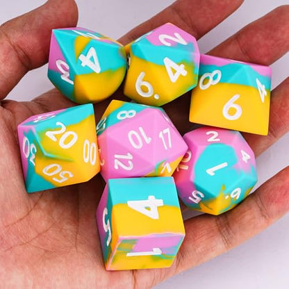 7-Piece Jumbo Silicone DND Dice Set, 25mm Oversized D&D Dice | Round Edges Soft Perfect Bouncer Compatible with Dungeons and Dragons RPG Bar Pub Club Party Games - color: Pink&cyan&yellow