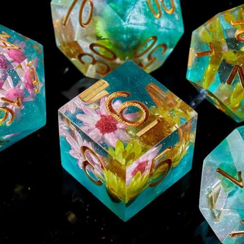 FugaCity Dice Set,Handmade Sharp Edge 7 Piece Resin Dice-Dungeon&Dragons Polyhedral Dice Set, D&D Dice Set with Gift Dice Case for RPG MTG Table Games - color: B-yellow Flower