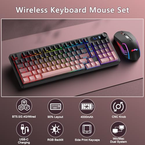 BlueFinger Wireless Gaming Keyboard and Mouse Combo, RGB Backlit, Tri-Mode Bluetooth/2.4G/USB-C Wired, 98 Keys Quiet Keyboard with Number Pad, Volume Knob & Screen, 4800 DPI Mouse for PC/Mac/Laptop - style: Wireless Keyboard & Mouse