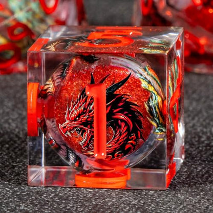 KERWELLSI Liquid Core Dragons Pattern Dice, Resin DND Dice Set with Gift Box, Red Sharp Edged Dungeons D&D Dice, Role Playing Game Dice D20 D12 D10 D8 D6 D4 - color: Red