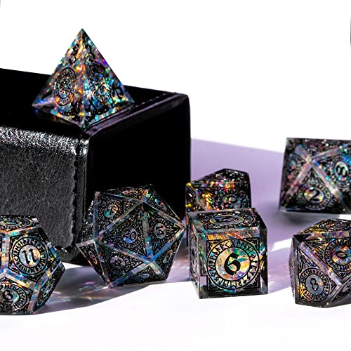 Cusdie Sharp Edges Dice DND, 7 PCs D&D Dice, Handcrafted Polyhedral Dice Set, for Role Playing Game (Black Pattern) - color: Black Pattern-transparent Black