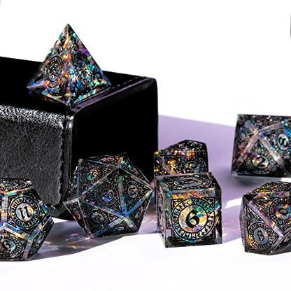 Cusdie Sharp Edges Dice DND, 7 PCs D&D Dice, Handcrafted Polyhedral Dice Set, for Role Playing Game (Black Pattern) - color: Black Pattern-transparent Black