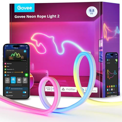 Govee RGBIC Neon Lights 9.8ft Works with Matter, Alexa, Google Assistant | LED Smart Neon Rope Light 2, Custom DIY Neon Strip Lights for Bedroom and Wall Decor, Softer Material, White - size: 9.8ft