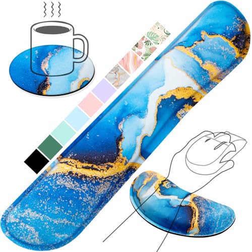 Gimars Upgrade Enlarge Gel Memory Foam Set Keyboard Wrist Rest Pad, Mouse Wrist Cushion Support for Office, Computer, Laptop, Mac, Comfortable, Lightweight for Easy Typing Pain Relief, Blue Gloden - color: Blue Golden, size: 3-piece set (keyboard rest+mou
